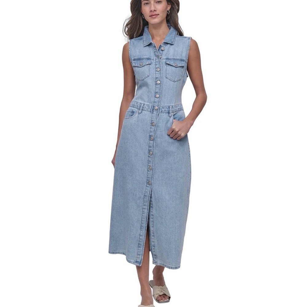 Dkny Women's Button-Front Sleeveless Midi Denim Dress